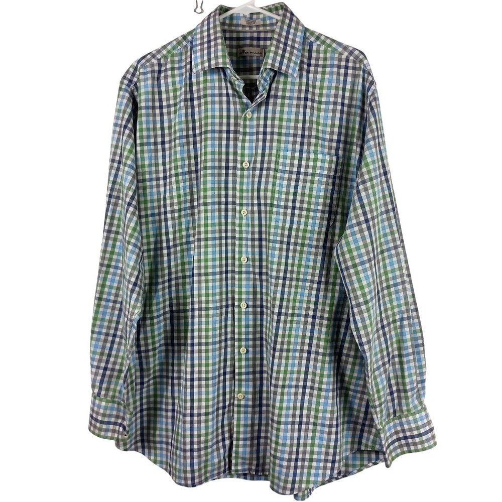 Peter Millar Mens Plaid Gingham Checkered Long Sleeve Shirt Size XL Preppy Work